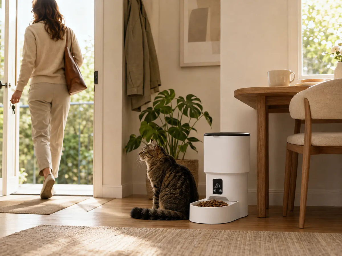 Cat beside a Tail & Co. automatic feeder as its owner leaves home