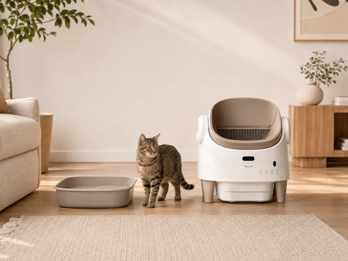 Cat choosing between an automatic and traditional litter box