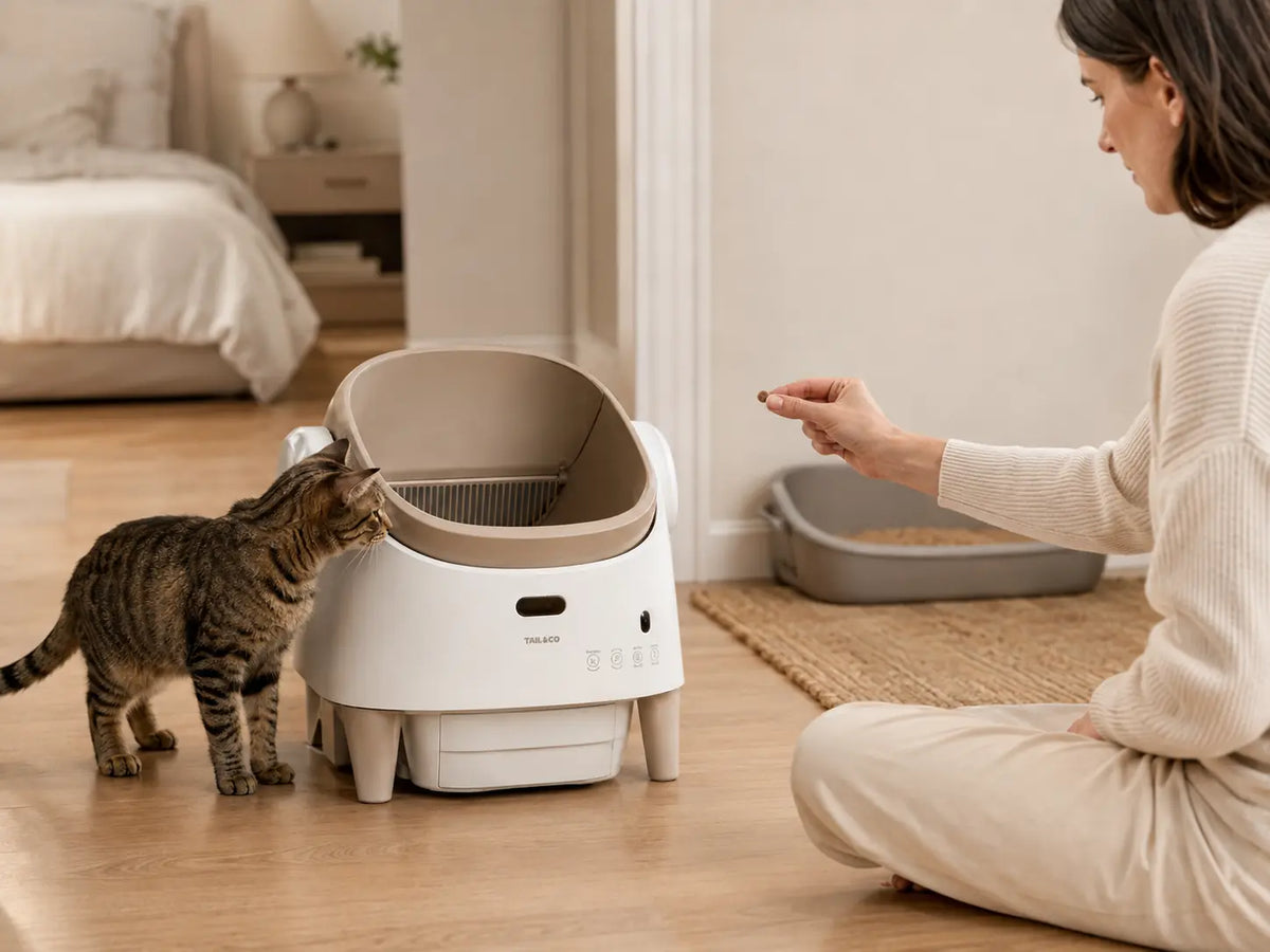 Owner helping a cat transition to an automatic litter box