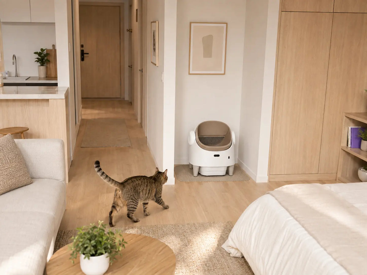 Tail & Co. automatic litter box placed in a compact apartment