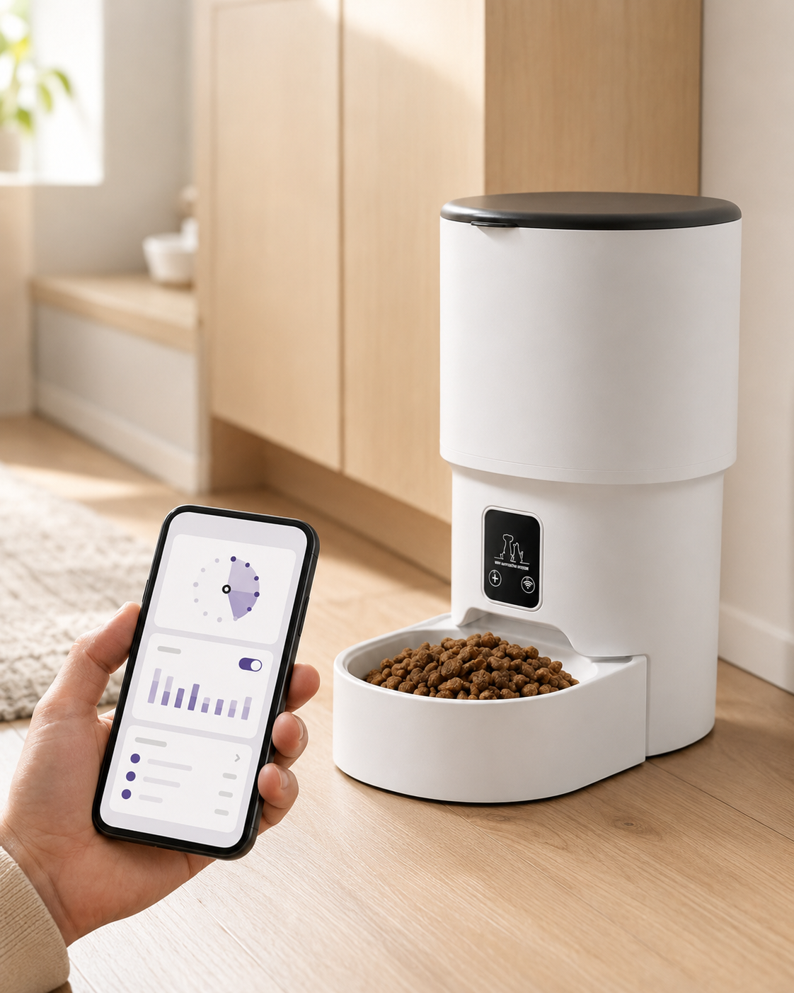 Smartphone feeding controls beside the Tail & Co. Wi-Fi feeder