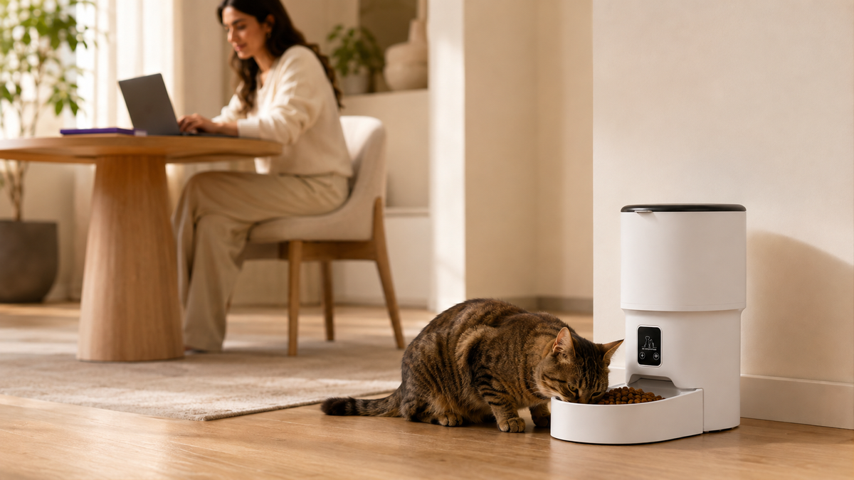 Cat eating from the Tail & Co. feeder while its owner works