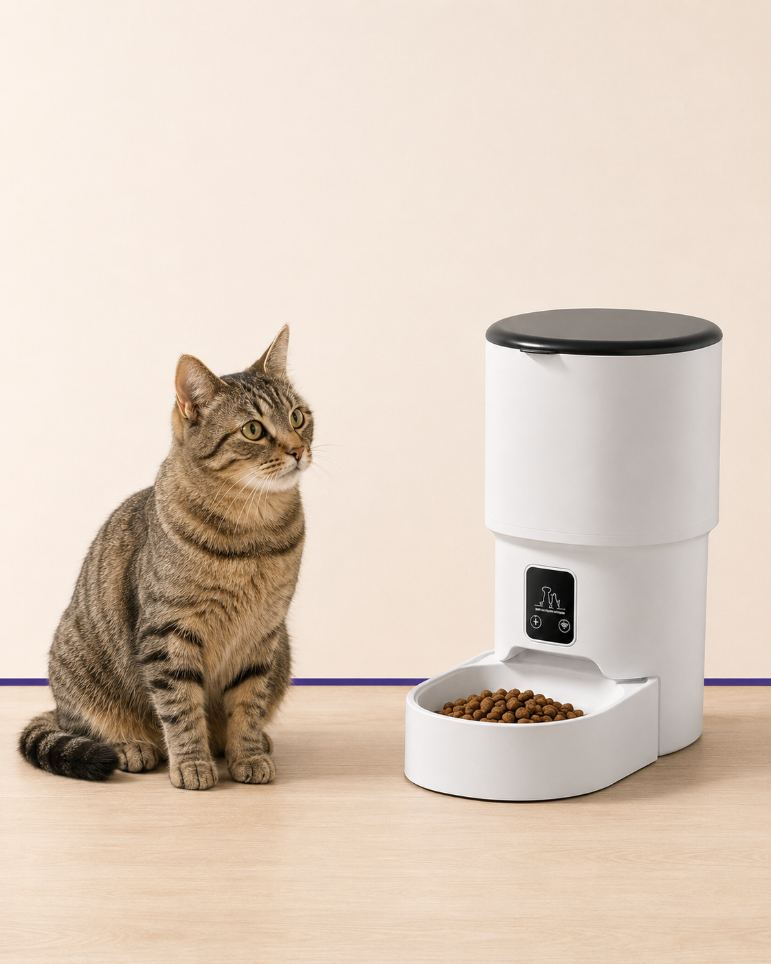 Tail & Co. Wi-Fi automatic feeder shown beside an adult cat