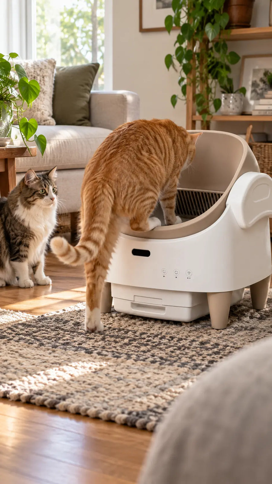Cat stepping into the Tail & Co. open top automatic litter box
