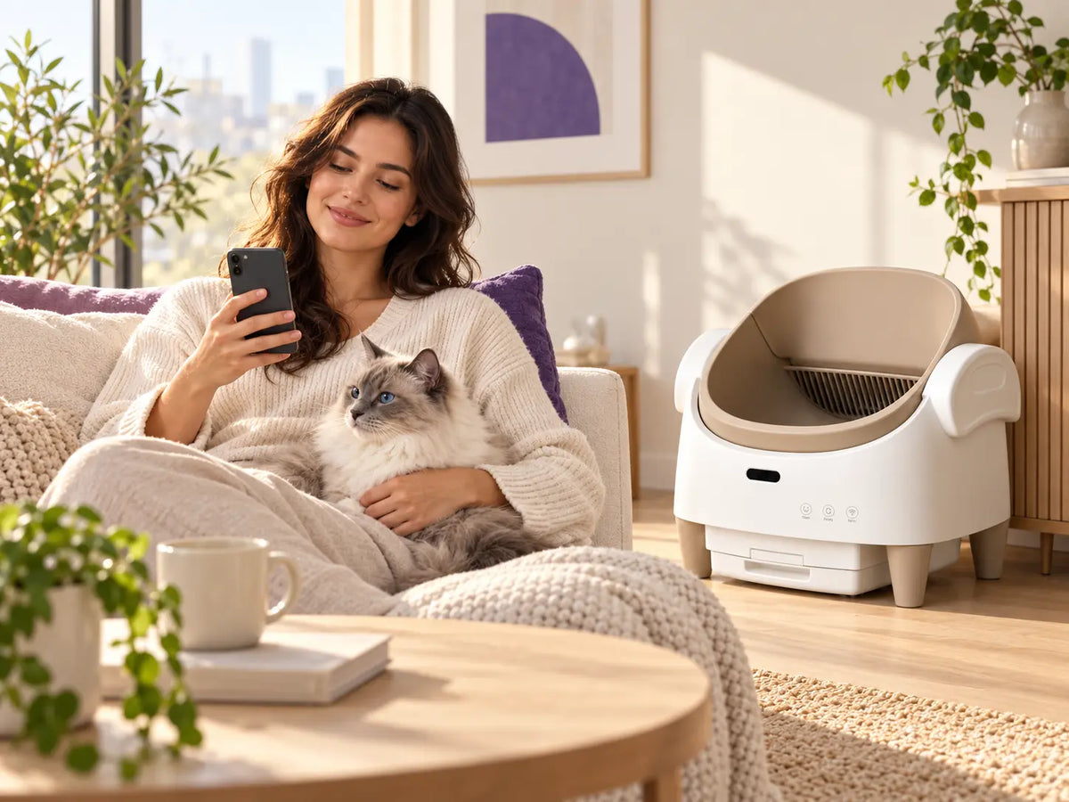 Cat parent using connected control with the Tail & Co. litter box nearby