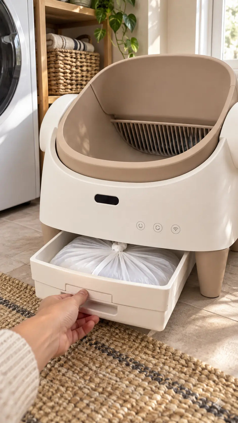Customer pulling out the Tail & Co. litter box waste drawer