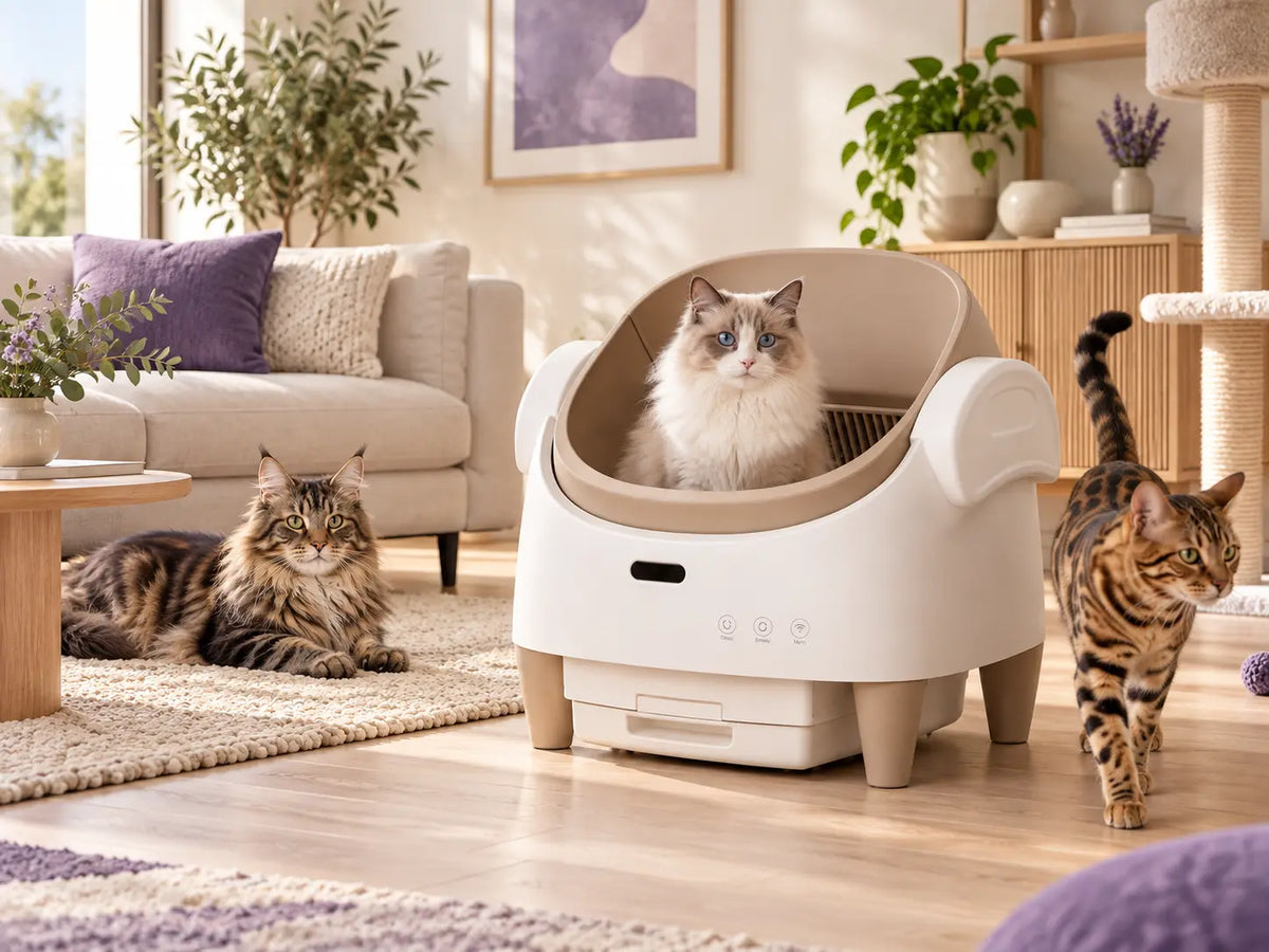 Three cats using the room around the Tail & Co. automatic litter box