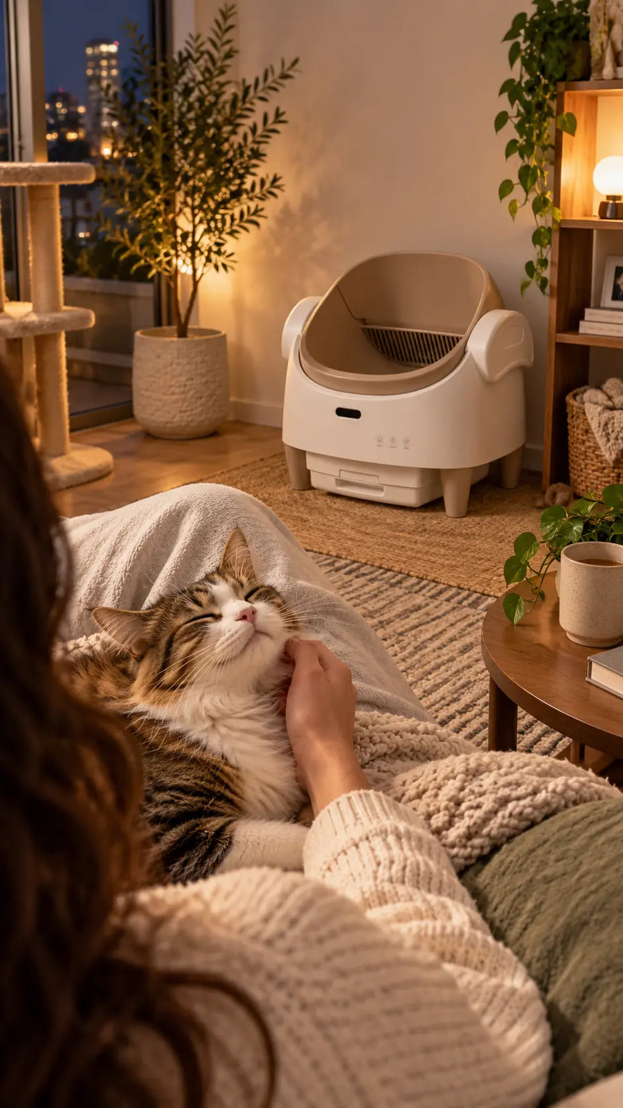 Cat parent relaxing with their cat while the Tail & Co. litter box sits nearby