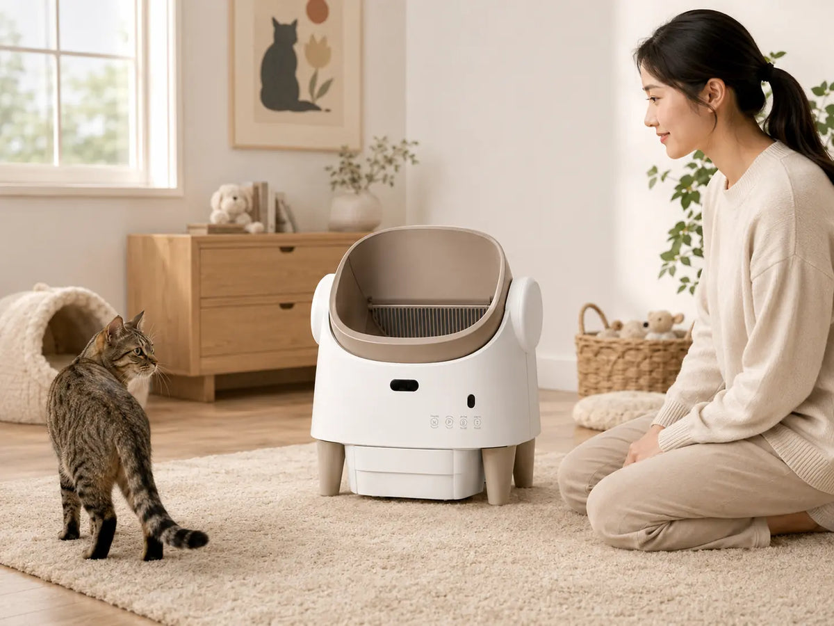 Owner supervising a cat near the Tail & Co. automatic litter box