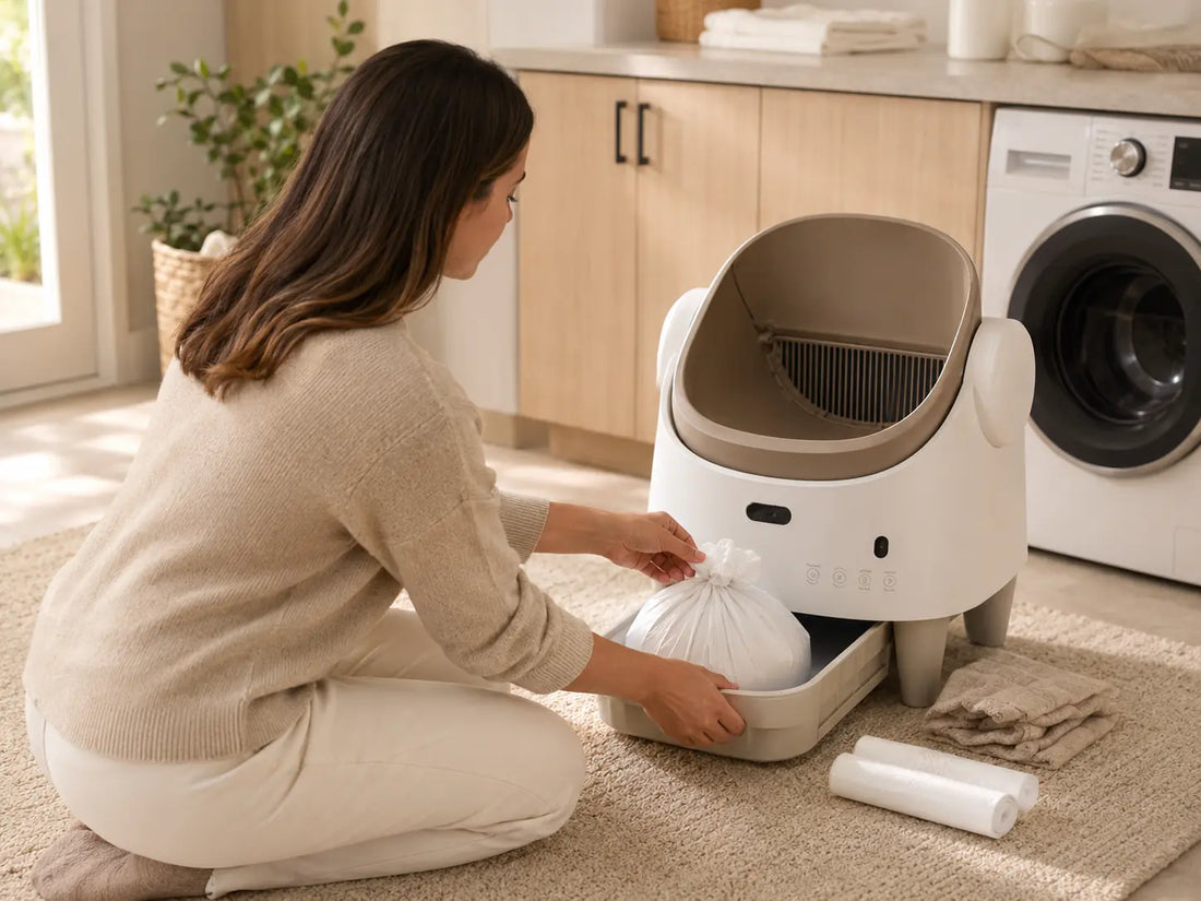 Owner emptying the contained waste drawer of an automatic litter box