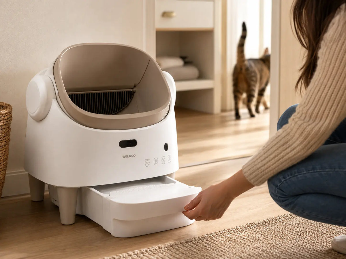 Owner opening the waste drawer of a Tail & Co. self-cleaning litter box
