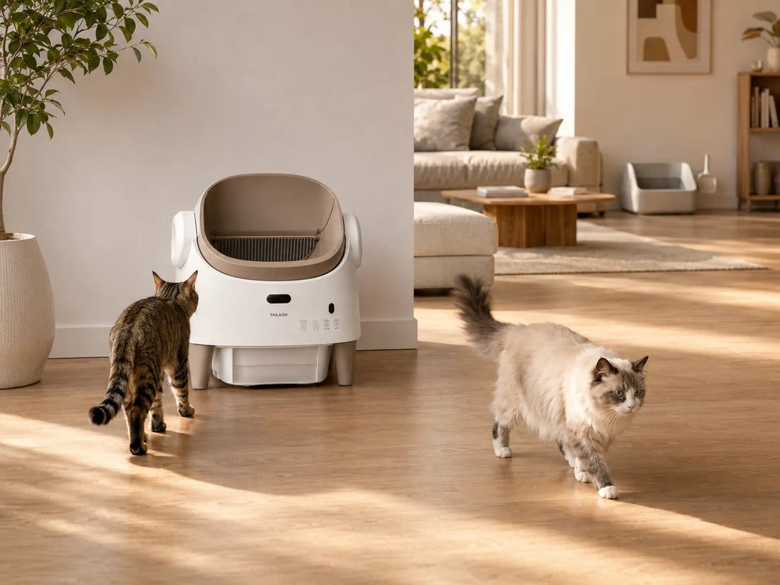 Two cats using a calm multi-cat litter routine