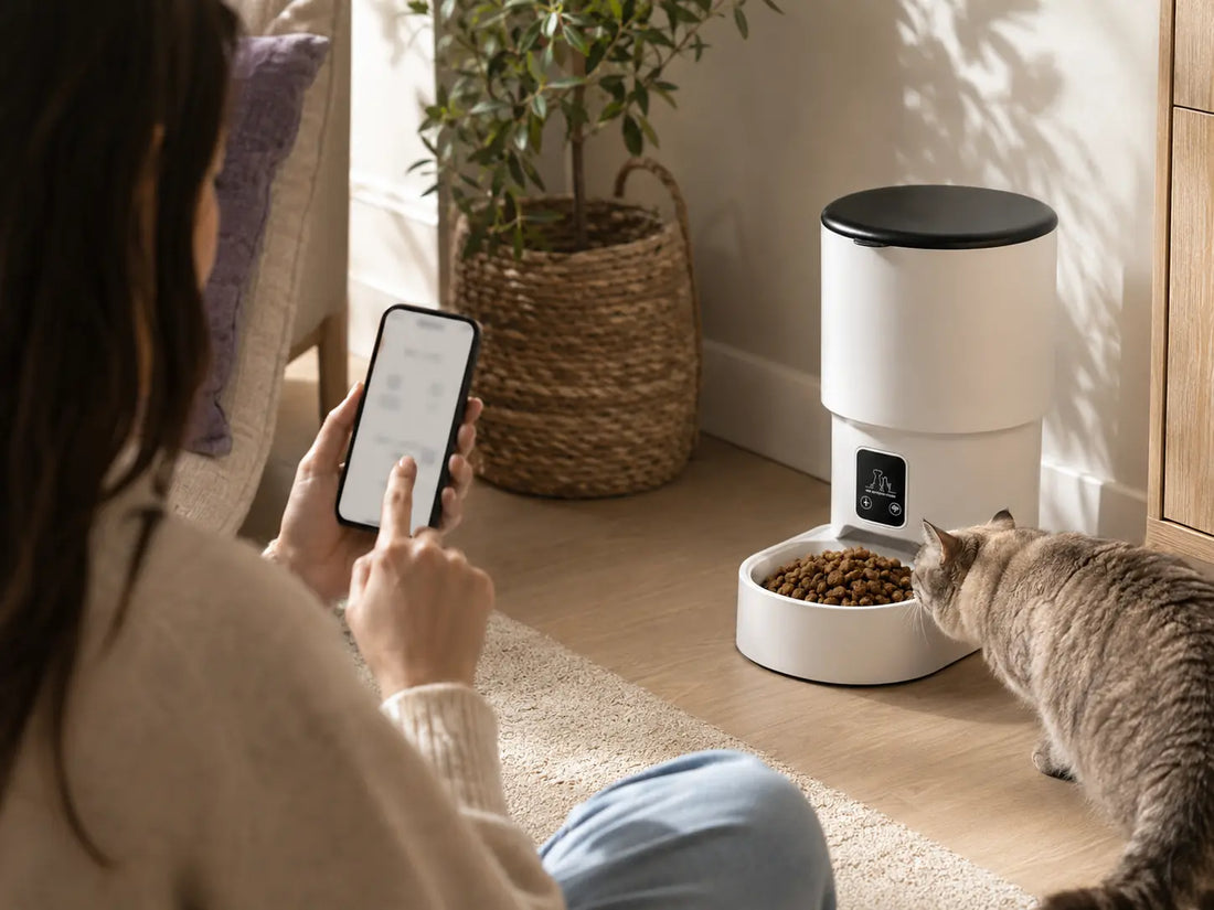 Owner setting up the Tail & Co. Wi-Fi automatic pet feeder