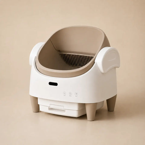 CleanNest white and taupe open-top automatic litter box