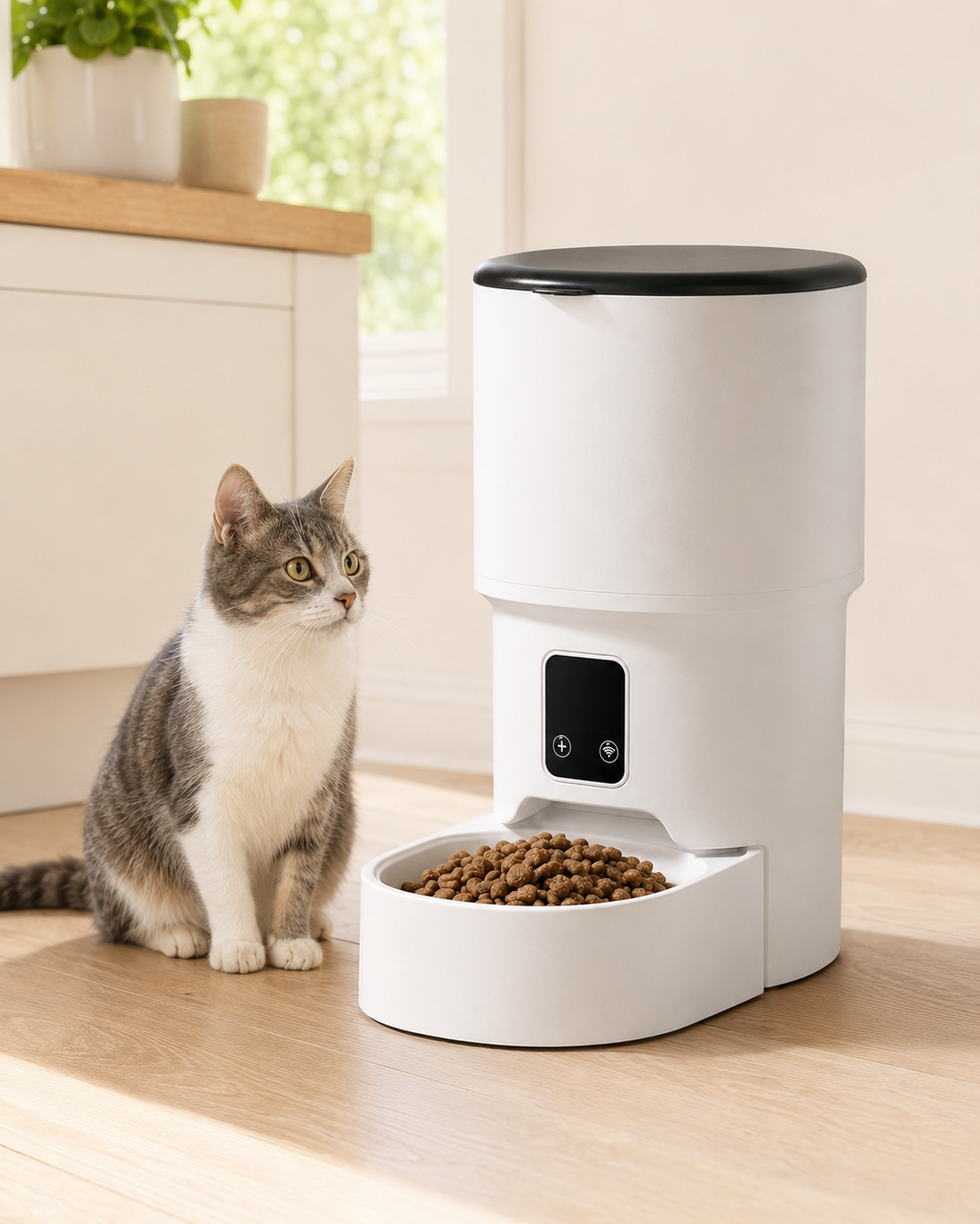 Tail & Co. Wi-Fi automatic feeder with a fresh portion of kibble