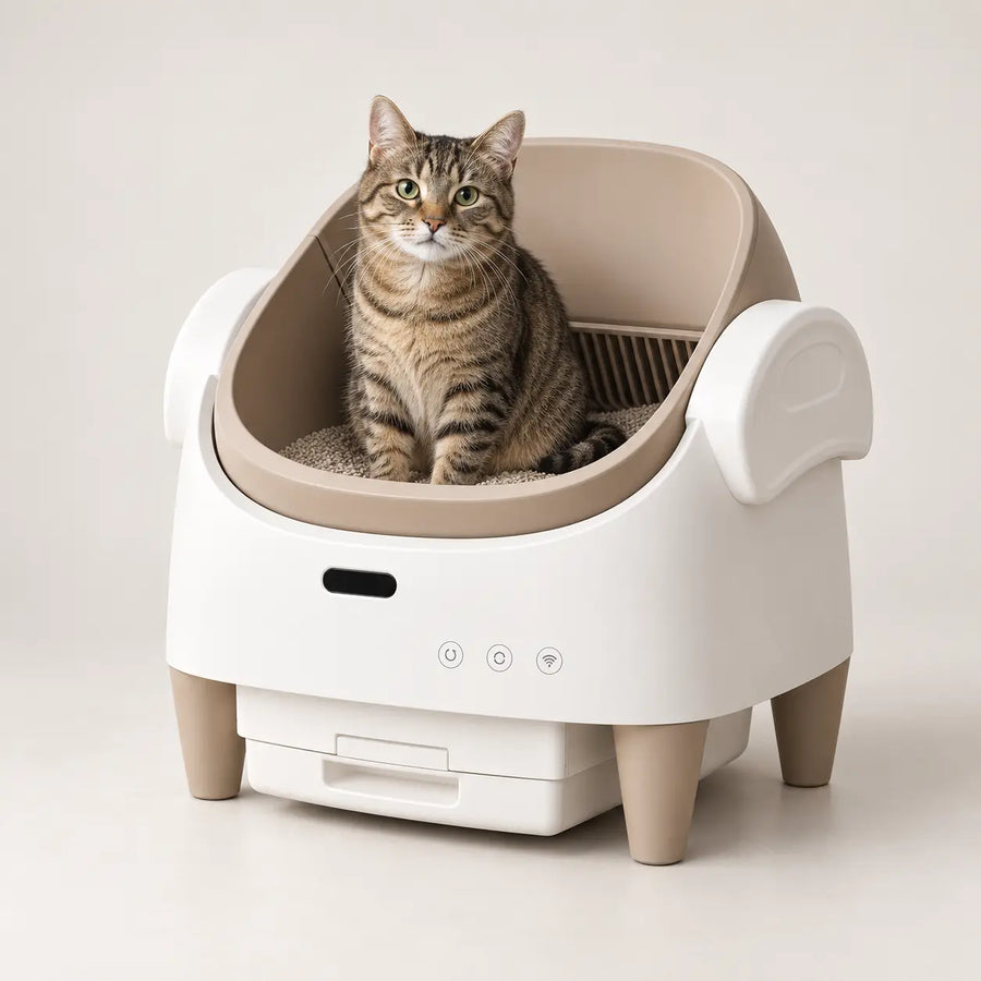Cat sitting inside the Tail & Co. automatic self cleaning litter box