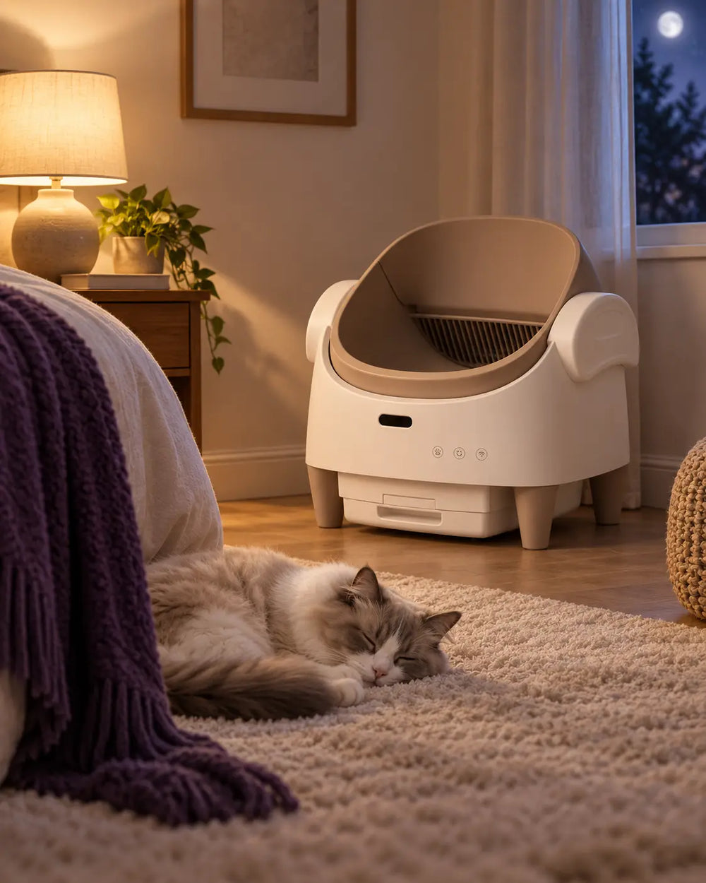 Cat sleeping near the Tail & Co. litter box at night