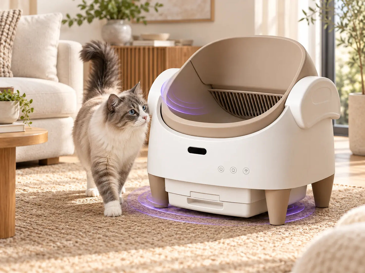 Cat beside the Tail & Co. litter box safety sensing visualization
