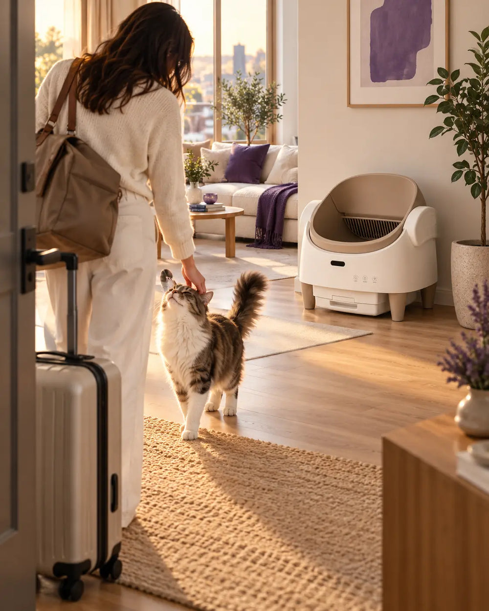 Cat parent returning home with the Tail & Co. litter box nearby